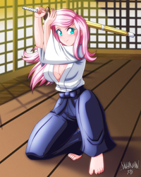 Size: 3200x4000 | Tagged: safe, artist:danmakuman, imported from derpibooru, part of a set, fluttershy, human, badass, barefoot, breasts, busty fluttershy, commission, confident, feet, female, flutterbadass, humanized, kendo, kendo stick, looking at you, martial arts, part of a series, smiling, solo, stupid sexy fluttershy