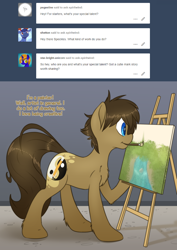 Size: 1280x1811 | Tagged: safe, artist:fluffyxai, imported from derpibooru, oc, oc only, oc:spirit wind, earth pony, pony, tumblr:ask spirit wind, easel, male, paintbrush, painting, solo, stallion, sweat, tumblr