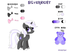 Size: 3000x2200 | Tagged: safe, artist:sugarstraw, derpibooru exclusive, imported from derpibooru, oc, oc only, oc:silvernight, pony, unicorn, bow, choker, crown, cutie mark, female, hooves, horn, jewelry, lineless, looking back, mare, purple eyes, reference sheet, regalia, simple background, solo, tail bow, teddy bear, text, transparent background