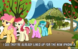 Size: 1200x763 | Tagged: safe, edit, edited screencap, editor:piousbrony, imported from derpibooru, screencap, comet tail, daisy, dizzy twister, flower wishes, orange swirl, roseluck, spring melody, sprinkle medley, the super speedy cider squeezy 6000, apple tree, fence, iphone x, sweet apple acres, tree