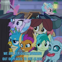 Size: 1200x1200 | Tagged: safe, edit, edited screencap, editor:piousbrony, imported from derpibooru, screencap, cozy glow, gallus, ocellus, sandbar, silverstream, smolder, yona, pegasus, pony, school raze, female, filly, harry potter (series), hogwarts, marauders map, student six