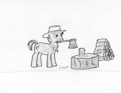 Size: 642x495 | Tagged: safe, artist:tascoby, imported from derpibooru, burnt oak, earth pony, pony, axe, chopping block, fire wood, inktober, inktober 2018, logs, male, monochrome, weapon, wood