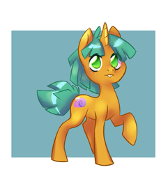 Size: 711x739 | Tagged: safe, artist:dinkelion, imported from derpibooru, snails, pony, unicorn, bucktooth, glitter shell, looking at you, male, raised hoof, simple background, solo