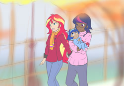 Size: 1215x841 | Tagged: safe, artist:jonfawkes, imported from derpibooru, sci-twi, sunset shimmer, twilight sparkle, oc, oc:sparkling sapphire, ask human octavia, series:sciset diary, equestria girls, clothes, coat, crossover, female, human coloration, lesbian, magical lesbian spawn, offspring, parent:sci-twi, parent:sunset shimmer, parents:scitwishimmer, scitwishimmer, shipping, sunsetsparkle