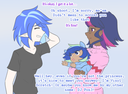 Size: 1215x892 | Tagged: safe, artist:jonfawkes, imported from derpibooru, dj pon-3, sci-twi, twilight sparkle, vinyl scratch, oc, oc:sparkling sapphire, ask human octavia, series:sciset diary, equestria girls, crossover, embarrassed, eyes closed, human coloration, magical lesbian spawn, mistaken identity, offspring, parent:sci-twi, parent:sunset shimmer, parents:scitwishimmer