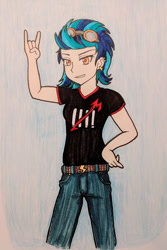 Size: 417x626 | Tagged: safe, artist:metalamethyst, imported from derpibooru, indigo zap, equestria girls, belt, belt buckle, clothes, devil horn (gesture), ear piercing, goggles, jeans, metallica, pants, pi sign, piercing, rock on, shirt, solo, t-shirt, traditional art