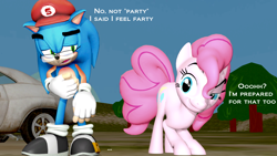 Size: 1280x720 | Tagged: safe, artist:supersonicbros23, deleted from derpibooru, imported from derpibooru, pinkie pie, oc, 3d, 5 o'clock shadow, ass up, car, implied farting, non-mlp oc, raised eyebrow, sonic the hedgehog (series), source filmmaker, this will end in farts