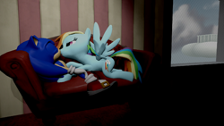 Size: 1200x675 | Tagged: safe, artist:supersonicbros23, deleted from derpibooru, imported from derpibooru, rainbow dash, 3d, couch, crossover, female, interspecies, kissing, male, shipping, sonic the hedgehog, sonic the hedgehog (series), sonicdash, source filmmaker, spread wings, straight, wingboner, wings