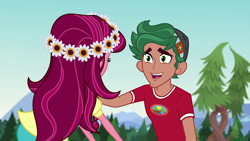 Size: 1280x720 | Tagged: safe, imported from derpibooru, screencap, gloriosa daisy, timber spruce, equestria girls, legend of everfree, brother and sister, camp everfree outfits, female, forest, male, smiling