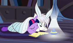 Size: 3313x1954 | Tagged: safe, artist:badumsquish, derpibooru exclusive, imported from derpibooru, twilight sparkle, oc, oc:flūf, alicorn, monster pony, moth, mothpony, original species, pony, antennae, badumsquish is trying to murder us, behaving like a moth, book, cabinet, cute, daaaaaaaaaaaw, dark, duo, eyes closed, eyes on the prize, female, fluffy, golden oaks library, hnnng, lamp, light, lying down, monster mare, ocbetes, prone, sleeping, smiling, twiabetes, weapons-grade cute, wing blanket, wings