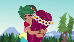 Size: 1280x720 | Tagged: safe, imported from derpibooru, screencap, gloriosa daisy, timber spruce, equestria girls, legend of everfree, brother and sister, camp everfree outfits, clothes, eyes closed, female, hug, male, smiling