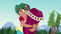 Size: 1280x720 | Tagged: safe, imported from derpibooru, screencap, gloriosa daisy, timber spruce, equestria girls, legend of everfree, brother and sister, camp everfree outfits, female, forest, hug, male, smiling