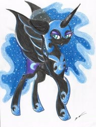 Size: 1621x2129 | Tagged: safe, artist:luxiwind, imported from derpibooru, nightmare moon, alicorn, pony, female, raised hoof, solo, traditional art