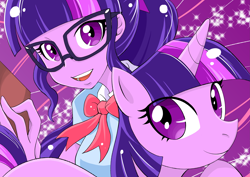 Size: 4093x2894 | Tagged: safe, artist:bonoramo, imported from derpibooru, sci-twi, twilight sparkle, alicorn, human, pony, equestria girls, blouse, book, bowtie, clothes, female, glasses, human ponidox, looking at you, mare, self ponidox