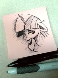 Size: 773x1030 | Tagged: safe, artist:post-it, imported from derpibooru, twilight sparkle, pony, bust, female, floppy ears, ink drawing, inktober, lidded eyes, looking away, mare, monochrome, pen, sad, simple background, sketch, sticky note, traditional art, white background