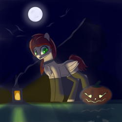 Size: 2000x2000 | Tagged: safe, artist:5oussn, artist:endelthepegasus, imported from derpibooru, oc, oc only, oc:flappy smile, pegasus, pony, clothes, collar, female, halloween, holiday, jack-o-lantern, lantern, looking at you, mare, moon, mountain, open mouth, pumpkin, socks, solo, underwear