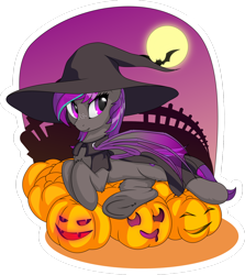 Size: 1280x1433 | Tagged: safe, alternate version, artist:up1ter, imported from derpibooru, oc, oc only, oc:platinum wing, bat, bat pony, pony, bat pony oc, commission, frog (hoof), full moon, halloween, hat, holiday, jack-o-lantern, moon, pumpkin, simple background, solo, transparent background, underhoof, witch, witch hat