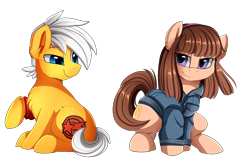 Size: 2600x1675 | Tagged: safe, artist:pridark, imported from derpibooru, oc, oc only, oc:rise, oc:starcross, earth pony, pony, arm warmers, clothes, commission, duo, headband, jacket, looking at each other, raised hoof, simple background, sitting, smiling, smirk, transparent background