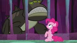 Size: 1280x720 | Tagged: safe, imported from derpibooru, screencap, pinkie pie, earth pony, pony, school raze, background monster, cage, creature, duo, female, mare, sad, tartarus, three eyed cavewanderer frog