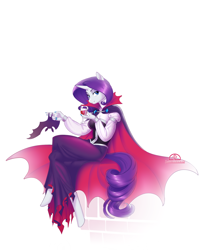 Size: 1112x1370 | Tagged: safe, artist:ladychimaera, imported from derpibooru, rarity, anthro, bat, unguligrade anthro, unicorn, vampire, alcohol, cape, clothes, countess, dress, female, glass, halloween, holiday, looking at you, mare, nail polish, simple background, smiling, solo, white background, wine, wine glass