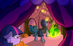 Size: 1024x652 | Tagged: safe, artist:rutkotka, imported from derpibooru, twilight sparkle, headless horse, pony, unicorn, angry, clothes, costume, funny, halloween, halloween costume, headless, holiday, magic, night, rearing, spell, tent