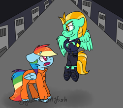 Size: 1024x900 | Tagged: safe, artist:crystalizedjellyfish, imported from derpibooru, lightning dust, rainbow dash, pegasus, pony, clothes, commission, commissioner:rainbowdash69, female, flying, jail, mare, never doubt rainbowdash69's involvement, officer ld, police officer, police uniform, prison, prison outfit, prisoner rd