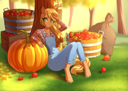 Size: 1280x905 | Tagged: safe, artist:glorious-rarien, imported from derpibooru, applejack, anthro, earth pony, unguligrade anthro, apple, apple tree, bag, barehoof, basket, bushel basket, clothes, crate, dappled sunlight, ear fluff, female, food, freckles, hair tie, hand on head, jumper, mare, missing accessory, overalls, plaid shirt, pumpkin, resting, sack, shirt, sitting, smiling, solo, sweet apple acres, tree