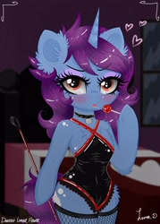 Size: 2500x3500 | Tagged: safe, artist:darkest-lunar-flower, imported from derpibooru, oc, oc only, semi-anthro, unicorn, candy, cute, dominatrix, female, fishnets, food, heart, heart eyes, hind legs, latex, latex suit, legs together, lollipop, looking at you, mare, solo, suggestive eating, wingding eyes