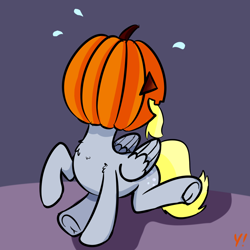Size: 1000x1000 | Tagged: safe, artist:yakoshi, imported from derpibooru, derpy hooves, pegasus, pony, 30 minute art challenge, chest fluff, cute, derpabetes, derpy being derpy, female, halloween, holiday, i just don't know what went wrong, jack-o-lantern, mare, pumpkin, raised hoof, silly, silly pony, solo, underhoof