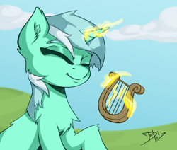 Size: 1280x1087 | Tagged: safe, artist:danli69, imported from derpibooru, lyra heartstrings, pony, unicorn, cheek fluff, chest fluff, ear fluff, eyes closed, female, glowing horn, lyre, magic, mare, questionable source, smiling, solo