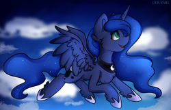 Size: 1278x823 | Tagged: safe, artist:deraniel, imported from derpibooru, princess luna, alicorn, pony, chest fluff, cloud, cute, female, flying, hoof shoes, mare, open mouth, peytral, sky, smiling, solo, spread wings, wings