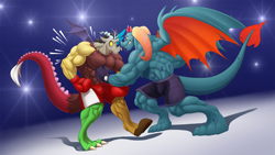 Size: 3945x2218 | Tagged: safe, artist:ponyanony, imported from derpibooru, discord, dragon lord torch, anthro, draconequus, dragon, boxing, deltscord, duo, duo male, fetish, male, muscle fetish, muscles, muscular male, sports