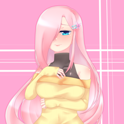 Size: 2000x2000 | Tagged: safe, artist:nutthefox, imported from derpibooru, fluttershy, human, anime, blushing, breasts, busty fluttershy, clothes, female, hair over one eye, humanized, solo, sweater, sweatershy