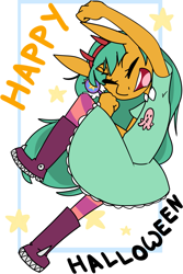 Size: 1279x1920 | Tagged: safe, artist:kryptchild, imported from derpibooru, snails, anthro, boots, clothes, cosplay, costume, crossdressing, crossover, dress, glitter shell, halloween, halloween costume, holiday, male, shoes, socks, solo, star butterfly, star vs the forces of evil