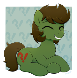 Size: 2024x2042 | Tagged: safe, artist:moozua, imported from derpibooru, oc, oc only, oc:green ganache, earth pony, pony, chest fluff, commission, cute, exclamation point, eyes closed, interrobang, interrobang (glyph), lying down, male, question mark, smiling, solo, stallion, whiskers