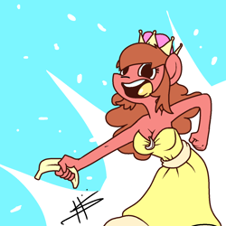 Size: 1280x1280 | Tagged: safe, artist:hotkoin, artist:pencilbrony, imported from derpibooru, oc, oc:banana pie, anthro, banana, bananette, clothes, crown, dress, food, jewelry, meme, regalia, super crown