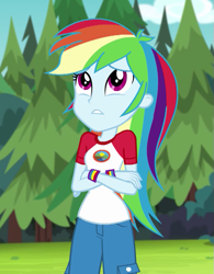 Size: 523x669 | Tagged: safe, imported from derpibooru, screencap, rainbow dash, equestria girls, legend of everfree, camp everfree outfits, clothes, cropped, crossed arms, female, pants, solo