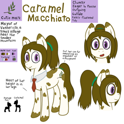 Size: 1000x1000 | Tagged: safe, artist:scraggleman, imported from derpibooru, oc, oc only, oc:caramel macchiato, earth pony, pony, coat markings, female, mare, necktie, pinto, ponytail, reference sheet, solo