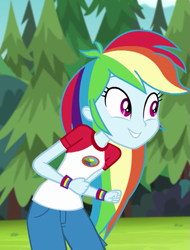 Size: 479x630 | Tagged: safe, imported from derpibooru, screencap, rainbow dash, equestria girls, legend of everfree, camp everfree outfits, clothes, cropped, female, pants, smiling