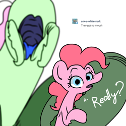 Size: 1280x1280 | Tagged: safe, artist:hotkoin, artist:pencilbrony, imported from derpibooru, pinkie pie, oc, oc:afccvitb, insect, pony, claw, dialogue, imminent vore, mouth, pinkie prey, question