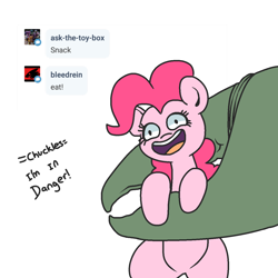 Size: 1280x1280 | Tagged: safe, artist:hotkoin, artist:pencilbrony, imported from derpibooru, pinkie pie, oc, oc:afccvitb, pony, chuckles i'm in danger, claw, dialogue, i'm in danger, imminent vore, meme, pinkie prey, smiling