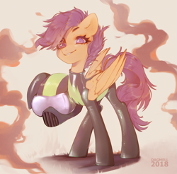 Size: 1931x1901 | Tagged: safe, artist:dagmell, imported from derpibooru, scootaloo, pegasus, pony, the washouts (episode), clothes, female, filly, helmet, hoof hold, pint-sized dynamite, solo, uniform, washouts uniform