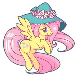 Size: 1080x1080 | Tagged: safe, artist:anzicorn, imported from derpibooru, fluttershy, pegasus, pony, cute, cutie mark, female, flower, flying, hat, mare, shyabetes, simple background, smiling, solo, transparent background