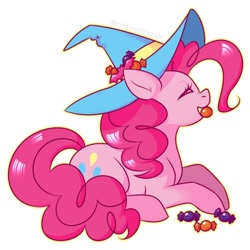 Size: 1080x1080 | Tagged: safe, artist:anzicorn, imported from derpibooru, pinkie pie, earth pony, pony, candy, eating, eyes closed, female, food, hat, mare, prone, simple background, solo, transparent background, witch hat