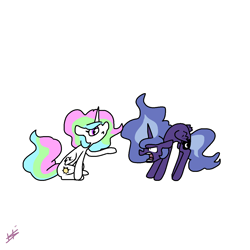 Size: 1280x1280 | Tagged: safe, artist:hotkoin, artist:pencilbrony, imported from derpibooru, princess celestia, princess luna, alicorn, cat, pony, :<, angry, arched back, behaving like a cat, cute, duo, eye contact, female, floppy ears, frown, glare, looking at each other, mare, open mouth, raised hoof, royal sisters, simple background, sitting, white background, wide eyes