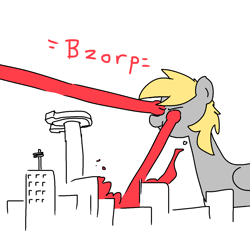 Size: 1280x1280 | Tagged: safe, artist:hotkoin, artist:pencilbrony, imported from derpibooru, derpy hooves, pony, city, derpyzilla, dialogue, giant derpy hooves, giant pony, laser, macro