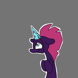 Size: 1280x1280 | Tagged: safe, artist:hotkoin, artist:pencilbrony, imported from derpibooru, tempest shadow, pony, unicorn, female, floppy ears, hat, hooves to the chest, looking at something, looking up, mare, outline, party hat, simple background, smiling, solo, tempest gets her horn back