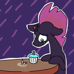 Size: 1280x1280 | Tagged: safe, artist:hotkoin, artist:pencilbrony, imported from derpibooru, tempest shadow, pony, unicorn, birthday, broken, broken horn, candle, crying, cupcake, female, food, happy birthday to me, horn, sad, solo