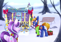 Size: 1024x712 | Tagged: safe, artist:scarlet-spectrum, imported from derpibooru, starlight glimmer, oc, oc:rising dusk, pony, unicorn, bench, bow, bowtie, butt, christmas, christmas lights, clothes, coffee, cup, decoration, drink, duo, female, glimmer glutes, holiday, jacket, magic, male, mare, open mouth, plot, rock, scarf, smiling, snow, stallion, telekinesis, tree, tree branch, trixie's wagon, wagon, wheel, window, winter