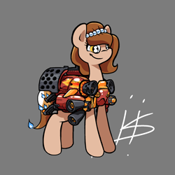 Size: 1280x1280 | Tagged: safe, artist:hotkoin, artist:pencilbrony, imported from derpibooru, oc, oc only, oc:brownie bun, earth pony, pony, horse wife, armor, engine, female, fire, firebat, flame decal, gray background, jetpack, mare, rocket, signature, simple background, smiling, solo, some mares just want to watch the world burn, starcraft, terran, this will end in fire